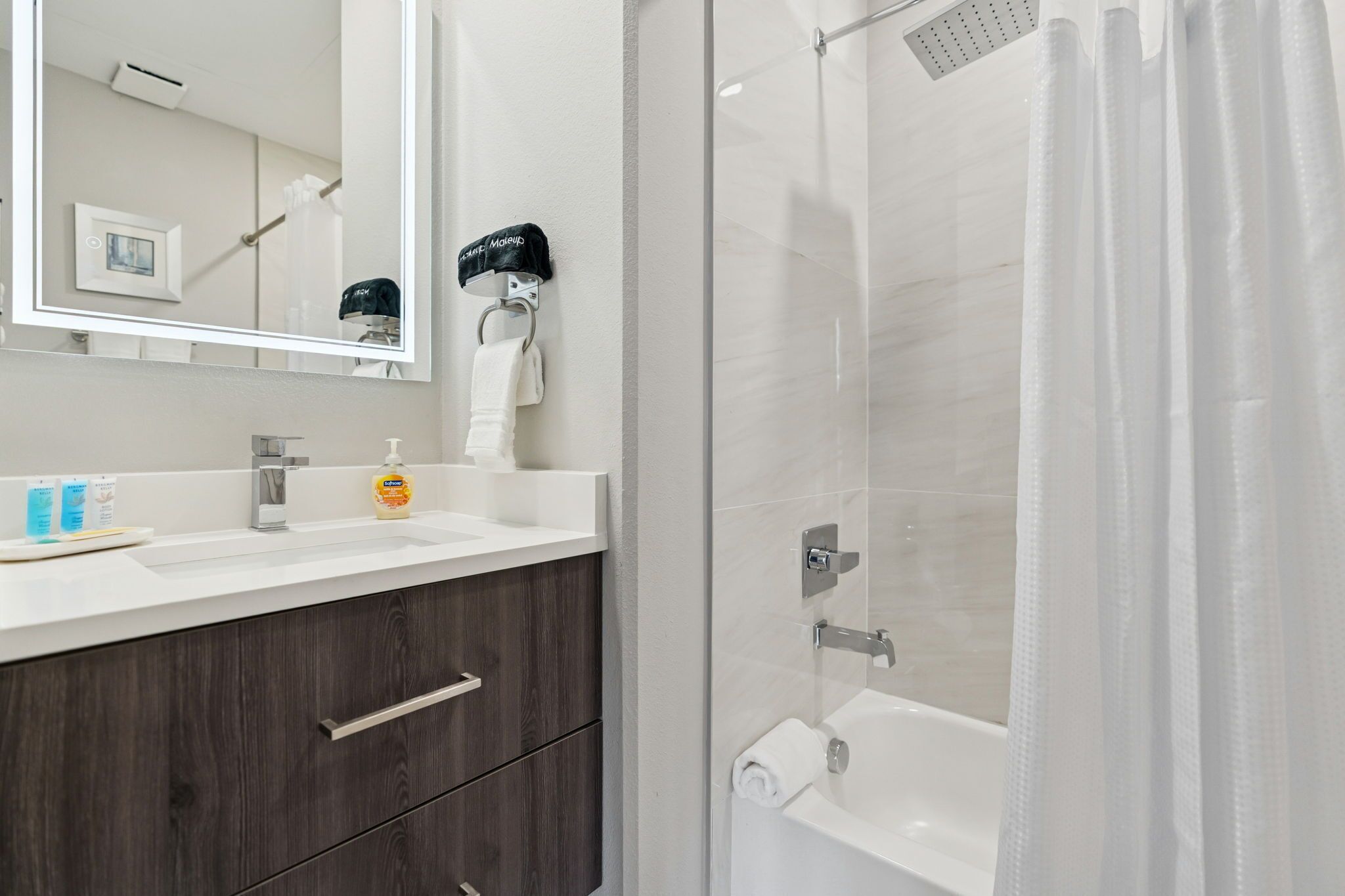 Hair dryer, towels, soap, shampoo
