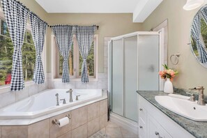 Hair dryer, towels, soap, shampoo