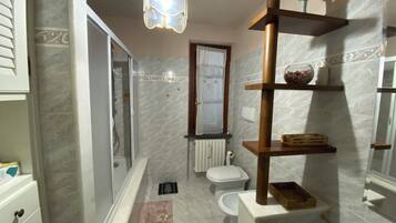 Hair dryer, bidet, towels, soap