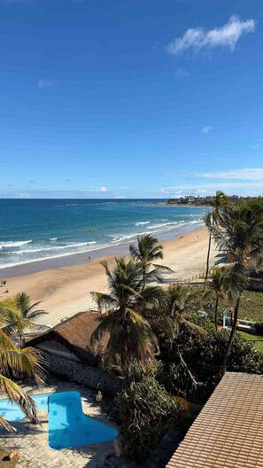 Blick auf einen Strand mit Pool und Palmen.