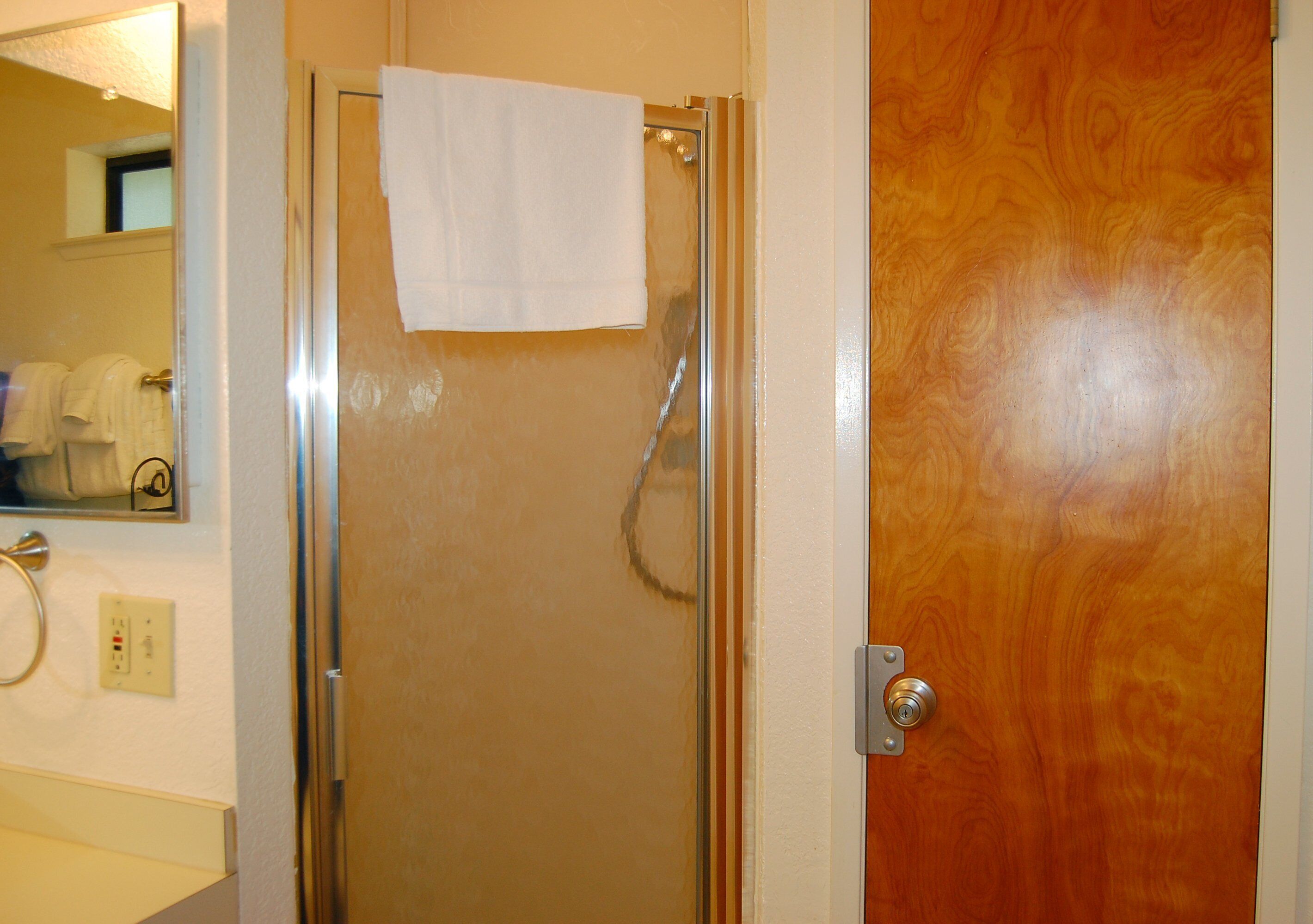 A bathroom with a glass shower door, a wooden door, a mirror, and a towel rack.