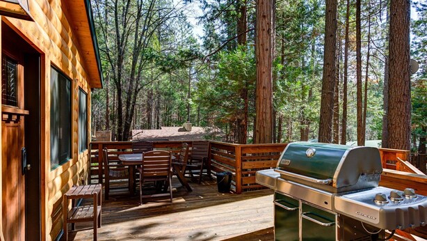 Une terrasse en bois équipée d’un barbecue Genesis, de meubles en bois et offrant une vue sur la forêt.