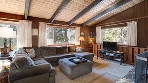 A cozy living room with a sectional sofa, a coffee table, a TV, and a fireplace. - Bird's Eye View (Yosemite National Park)