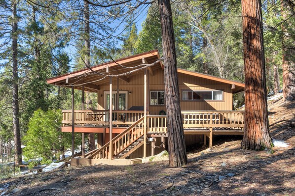 A wooden cabin with a deck, stairs, and a small porch. - Bird's Eye View (Yosemite National Park)