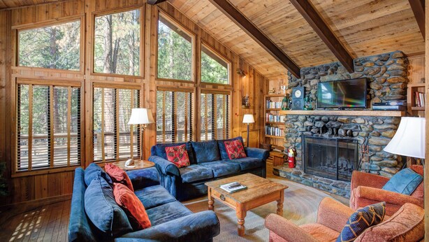 Een gezellig cabin interieur met een stenen openhaard, houten balken in het plafond en grote ramen met uitzicht op het bos.
