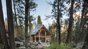 A cabin with a wooden exterior, surrounded by a forest with a stream flowing through. - Rustic Retreat (Yosemite National Park)