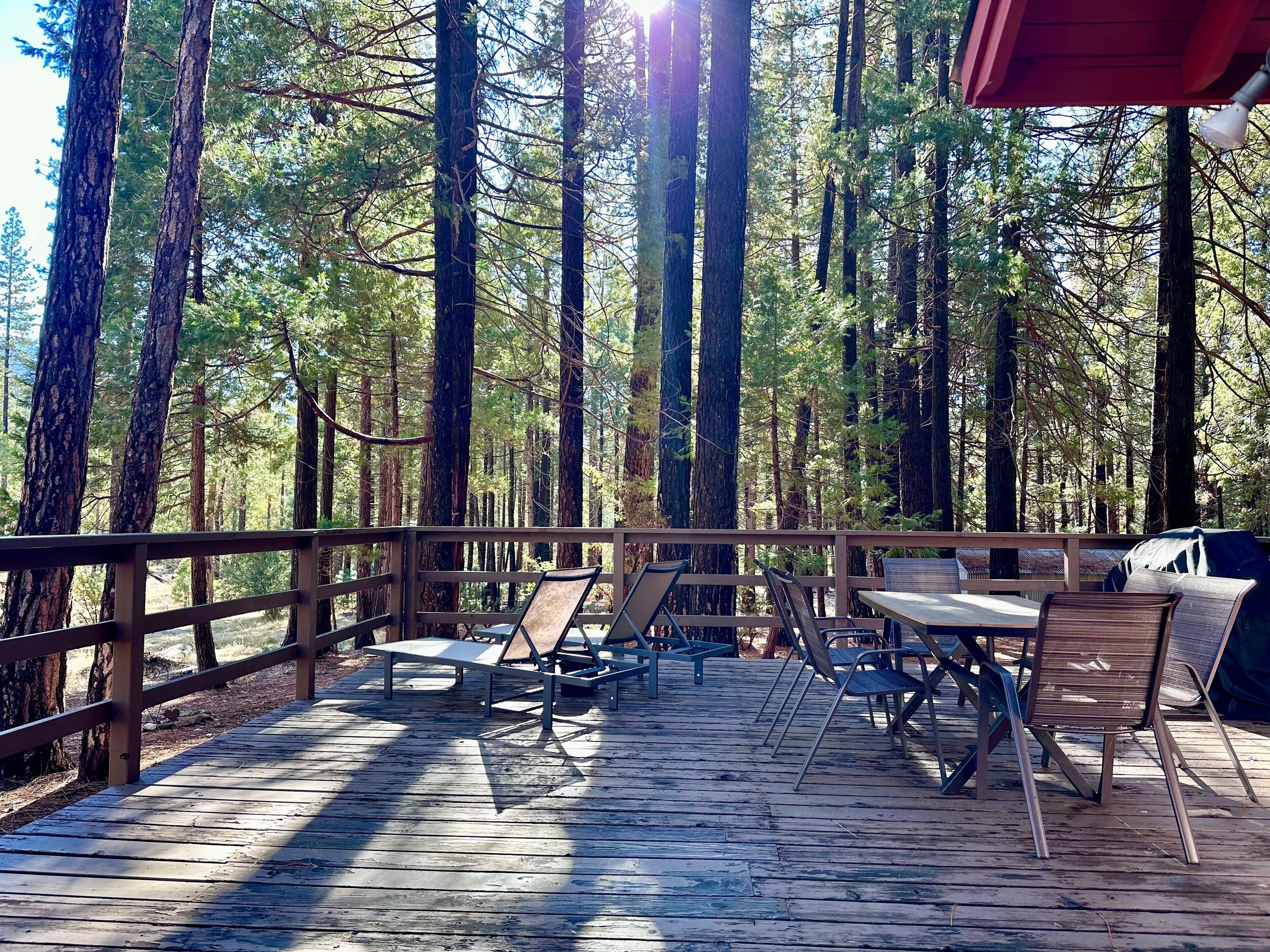 Eine Holzterrasse mit Metallstühlen und -tischen, umgeben von hohen Bäumen.