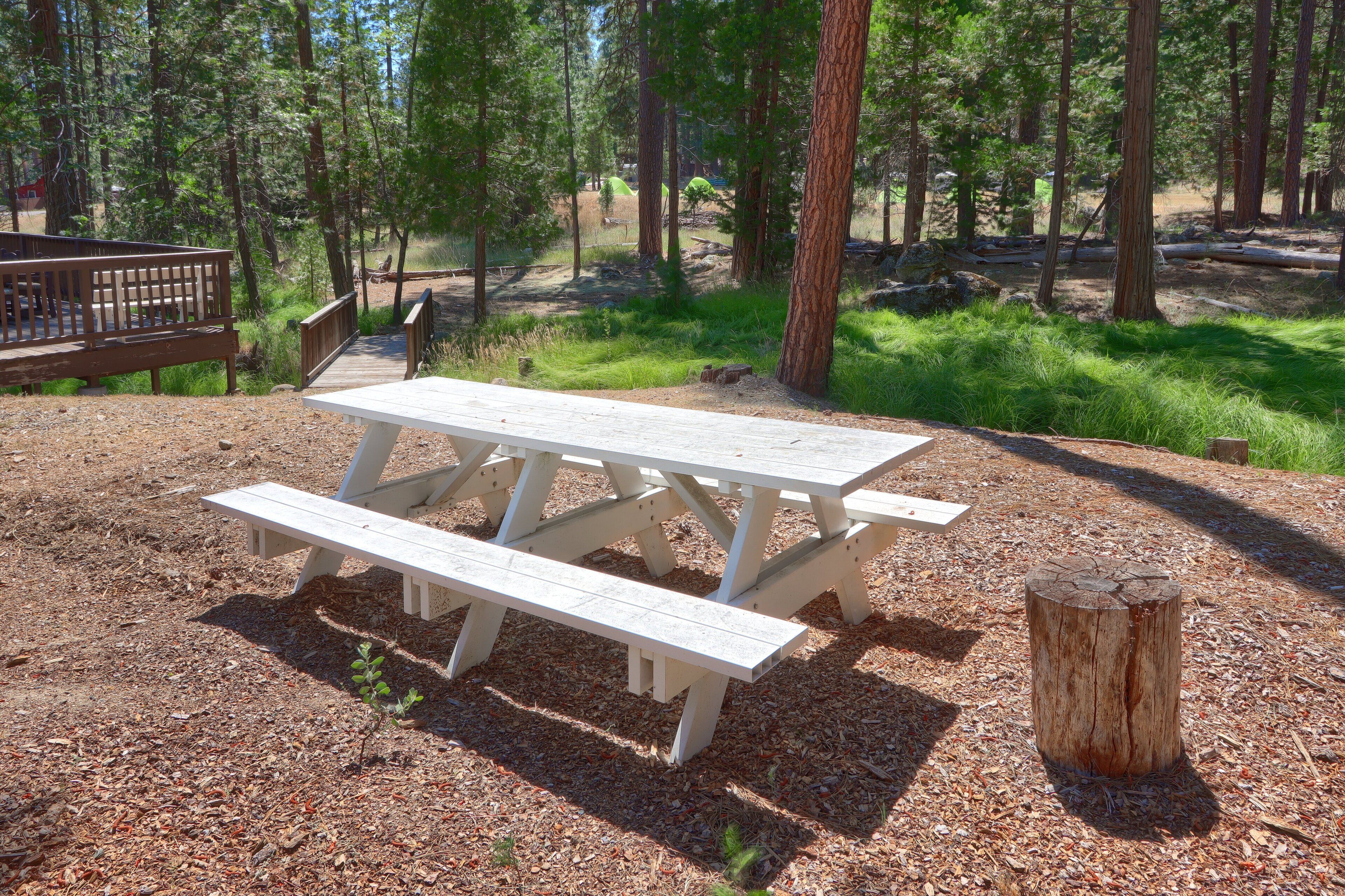 A picnic table with benches in a wooded area.