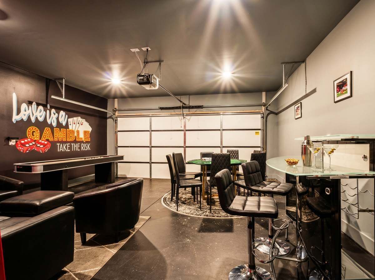 A modern bar area with a pool table, bar stools, and a glass-top bar counter.