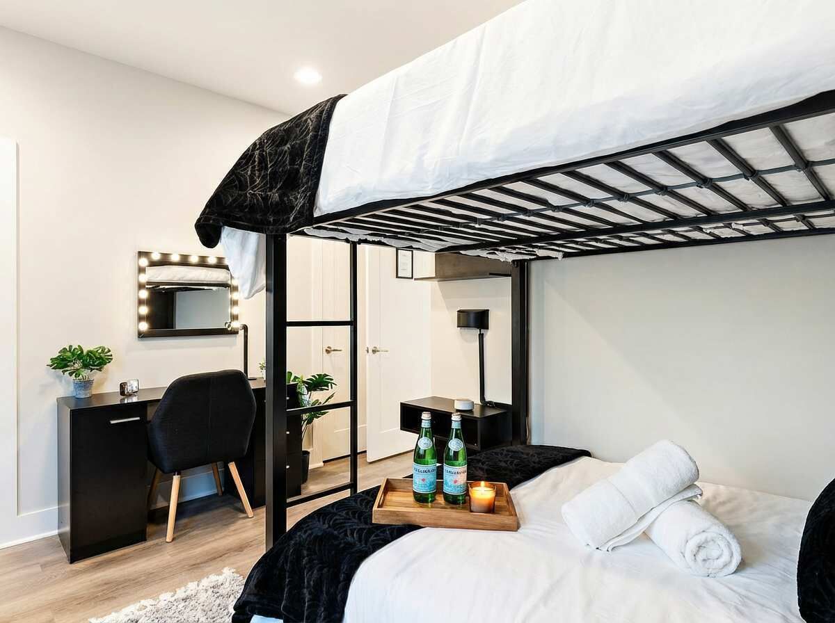 A modern bedroom with a bunk bed, a desk, a chair, and a small table with bottles and a candle.