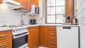 Fridge, microwave, dishwasher, cookware/dishes/utensils