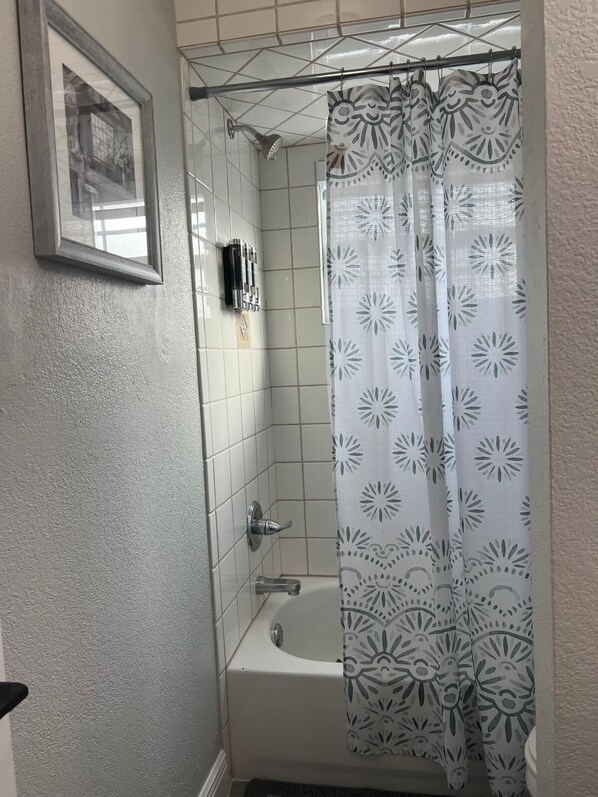 Hair dryer, towels, soap, toilet paper