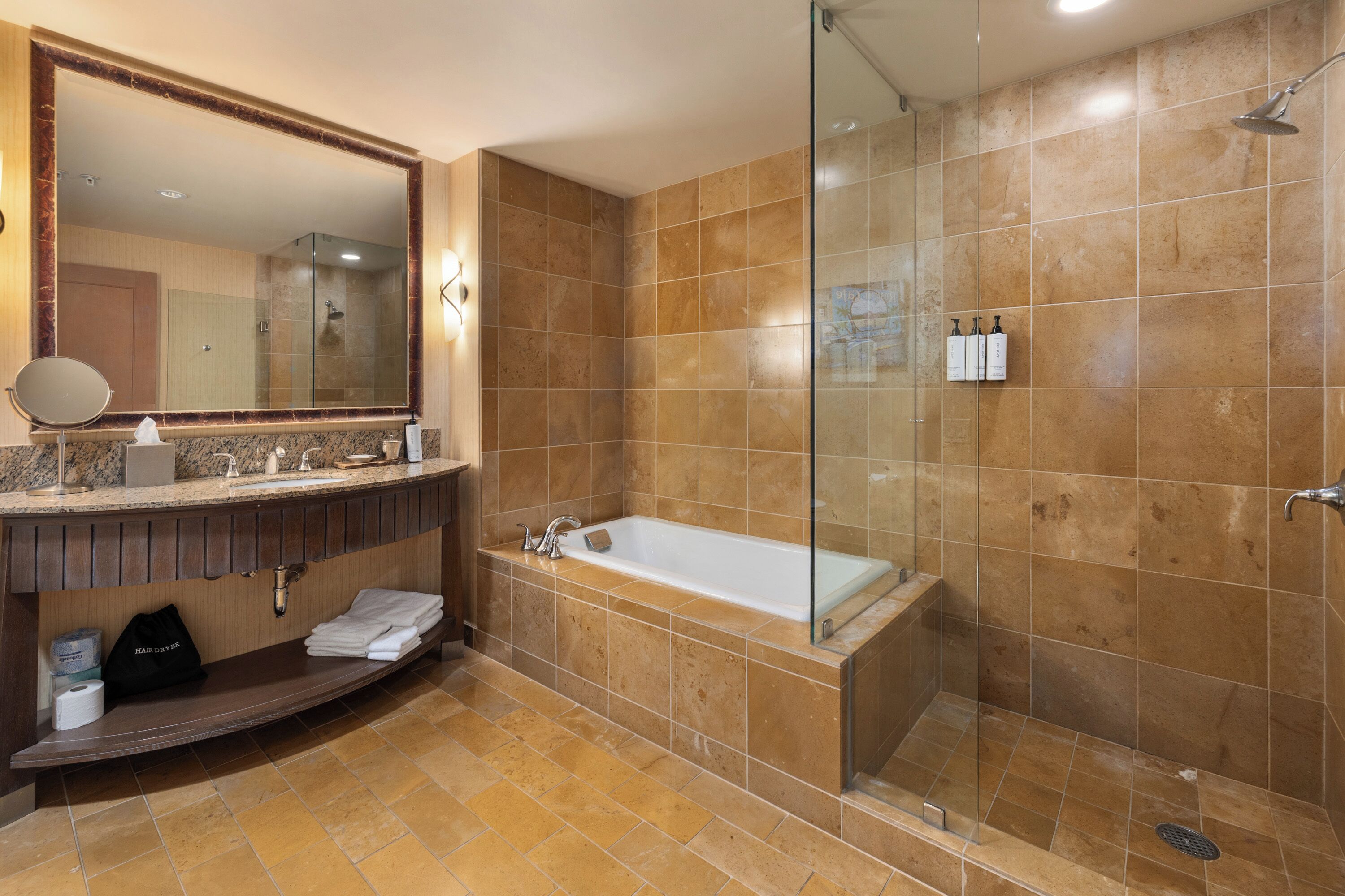 Hair dryer, towels, soap, toilet paper