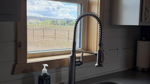 A kitchen with a stainless steel sink, a window with a view of a field, and a bottle of hand soap.