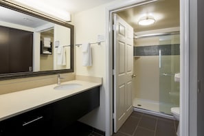 Hair dryer, towels, soap, shampoo