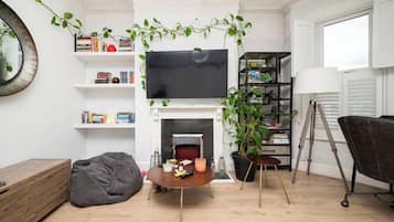A living room with a fireplace, a television, a bookshelf, and a potted plant.