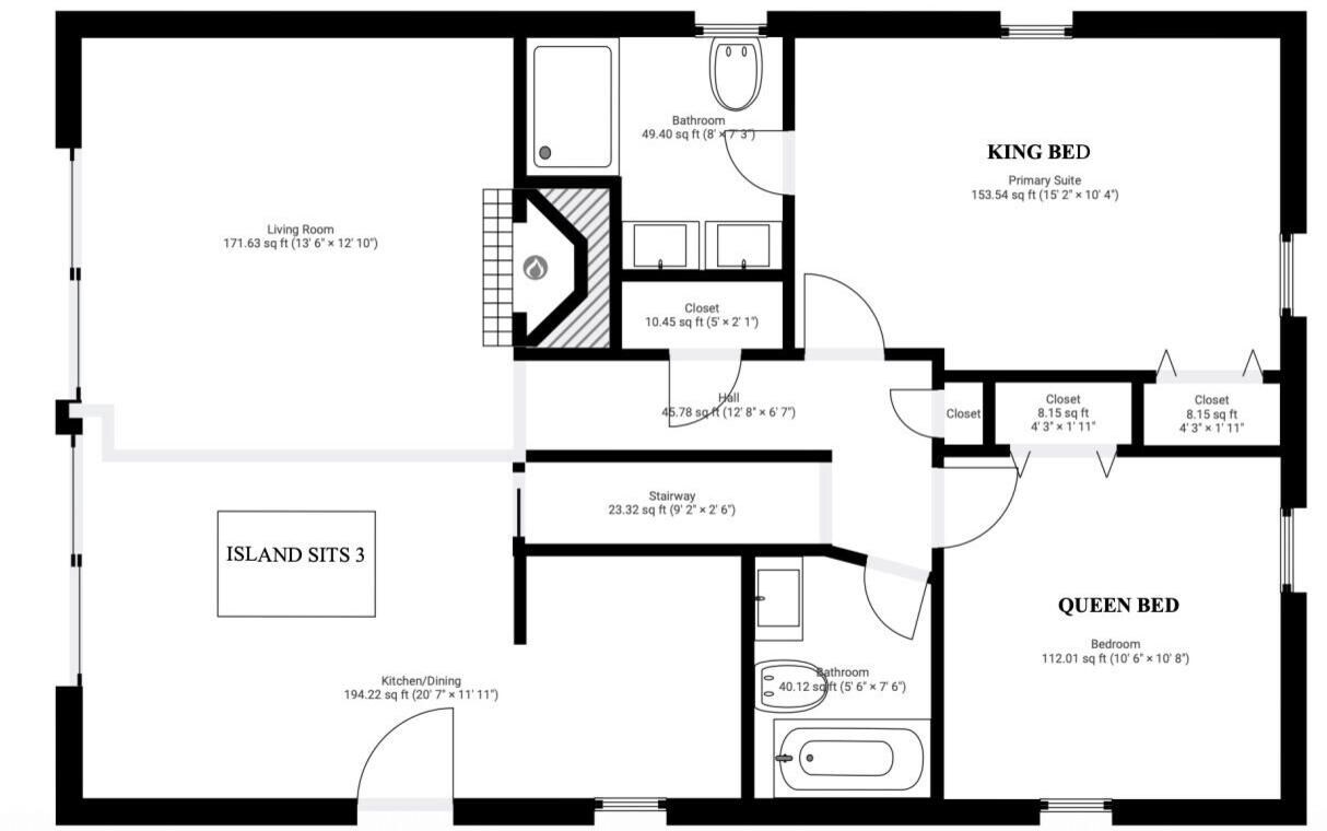 A floor plan of a hotel with a living room, kitchen, island, and multiple bedrooms including a king and queen bed.