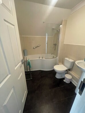 Hair dryer, towels, soap, toilet paper