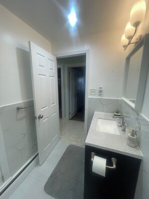 Hair dryer, towels, soap, toilet paper