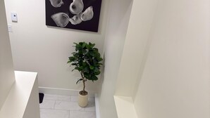 Una escalera con escalones de madera oscura, paredes blancas, una planta en maceta y una obra de arte blanco y negro.