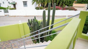 A staircase with a railing, leading to a landing with a cactus garden. - Apartamentu Holanda (Willemstad)