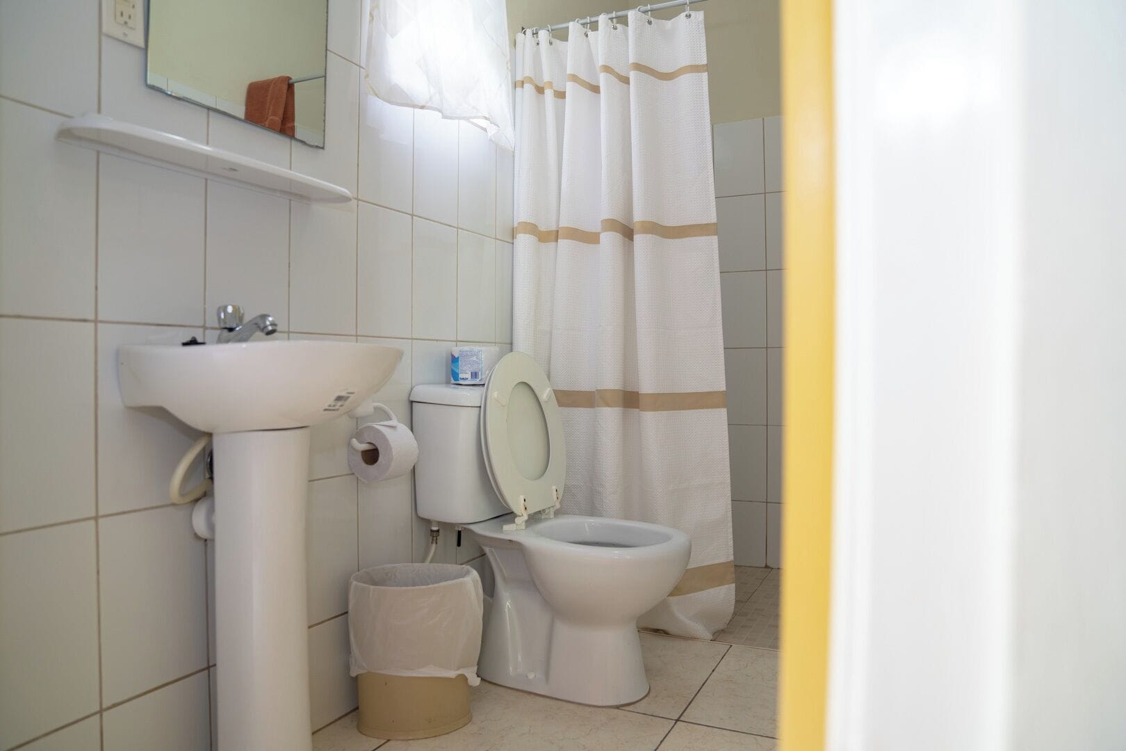 Ein Badezimmer mit Waschbecken, Toilette und Duschvorhang.