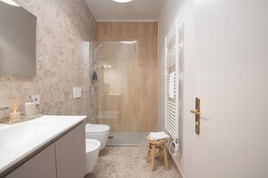 Douche, séchoir à cheveux, bidet, serviettes fournies