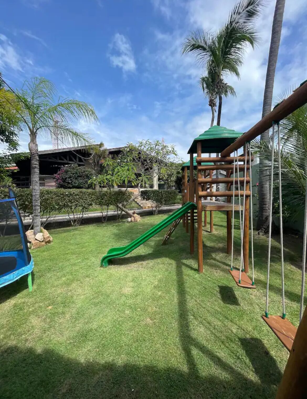 A playground with a slide and swings, surrounded by palm trees and a building in the background.