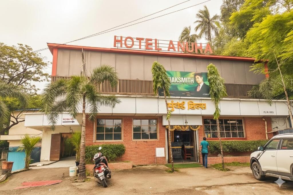 A building with a sign reading "HOTEL ANDHA" and a smaller sign below it.
