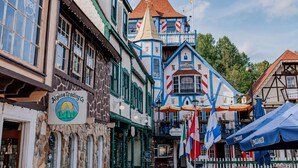 Une rue typique d’Europe, avec ses bâtiments historiques, une enseigne indiquant « Alpine Trading Co. » et des drapeaux.