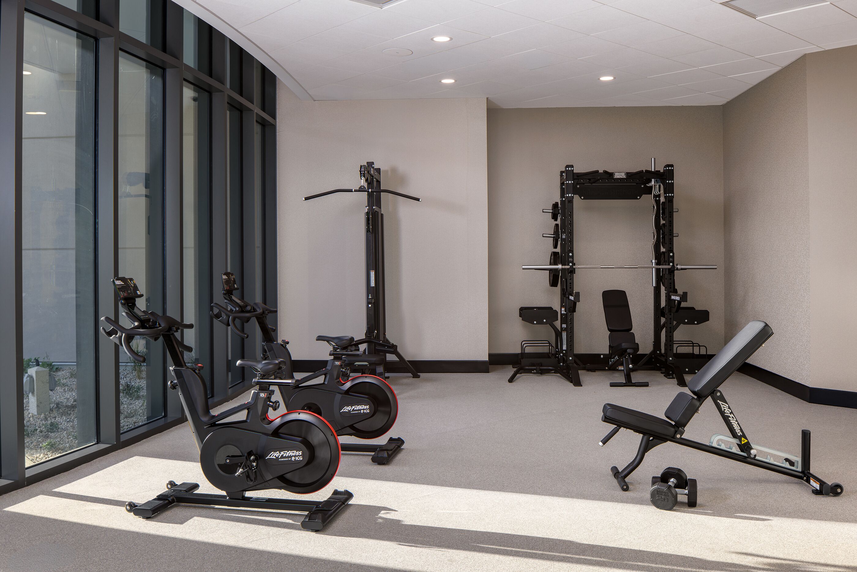 A gym with exercise equipment including a treadmill, stationary bike, and weightlifting station.