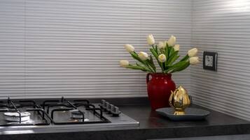 Fridge, microwave, oven, stovetop