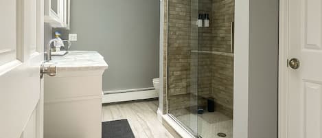 Douche, séchoir à cheveux, savon, papier de toilette