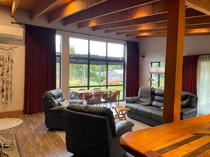 Smart TV, fireplace, books, stereo