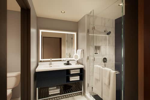 Shower, hair dryer, bathrobes, soap