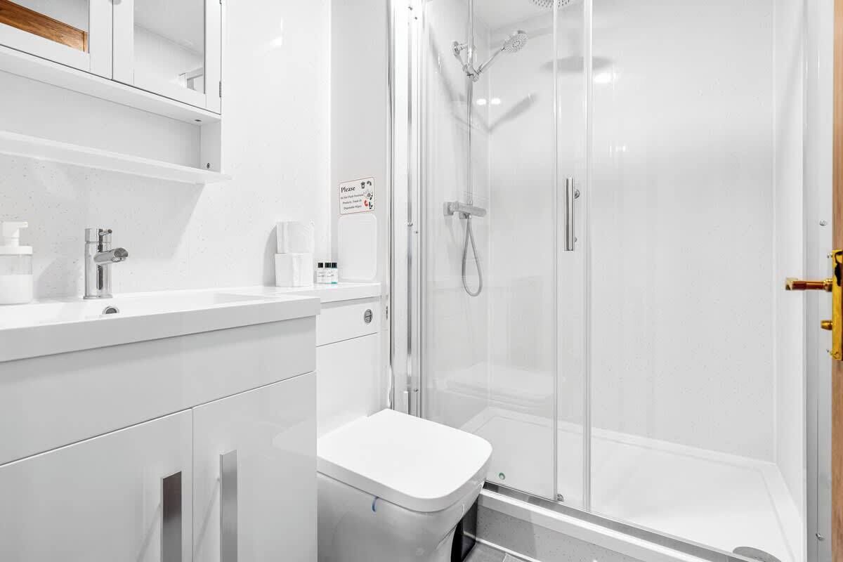 Shower, hair dryer, shampoo