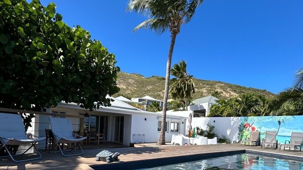 Una terraza de madera, piscina, sillas de descanso y una palmera.