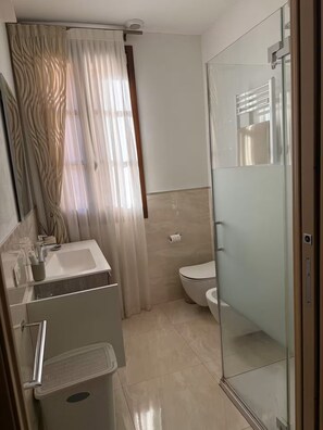 Regadera, secadora de cabello, bidet, toallas 