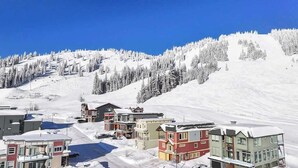 Een met sneeuw bedekte berg met een skigebied, inclusief kleurrijke gebouwen en een helderblauwe lucht.
