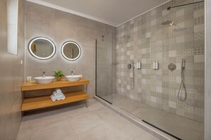 Shower, hair dryer, towels, soap - Villa Pastida | Luxury Boho Villa Private Pool & Jacuzzi,Central Location Rhodes (Rhodes)