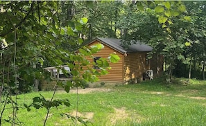 A wooden cabin surrounded by dense trees and grass. - Luxury Creekside Cabin Hot Tub | Red River Gorge (Stanton)