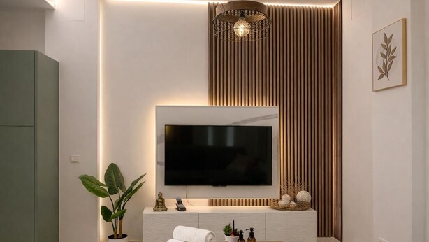 Een moderne woonkamer met een flatscreen televisie bevestigd aan een witte console, een houten salontafel met handdoeken en flessen, een potplant en een decoratieve lamp.