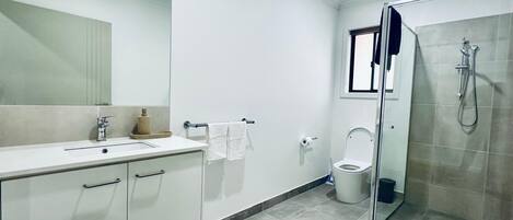 Shower, hair dryer, towels, soap