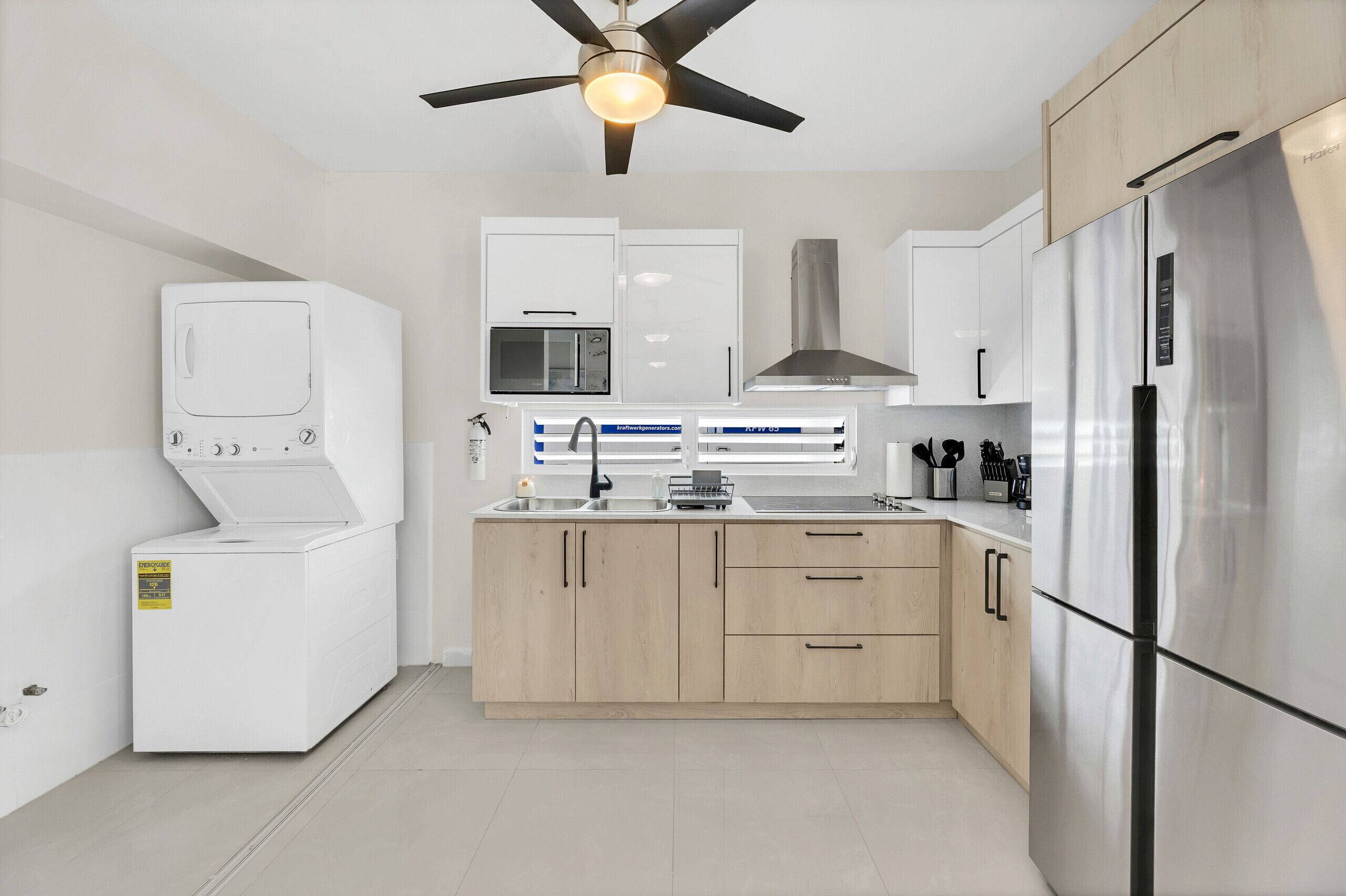 Fridge, microwave, stovetop, coffee/tea maker