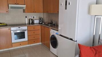 A compact kitchen with wooden cabinets, a built-in oven, a washing machine, and a refrigerator.