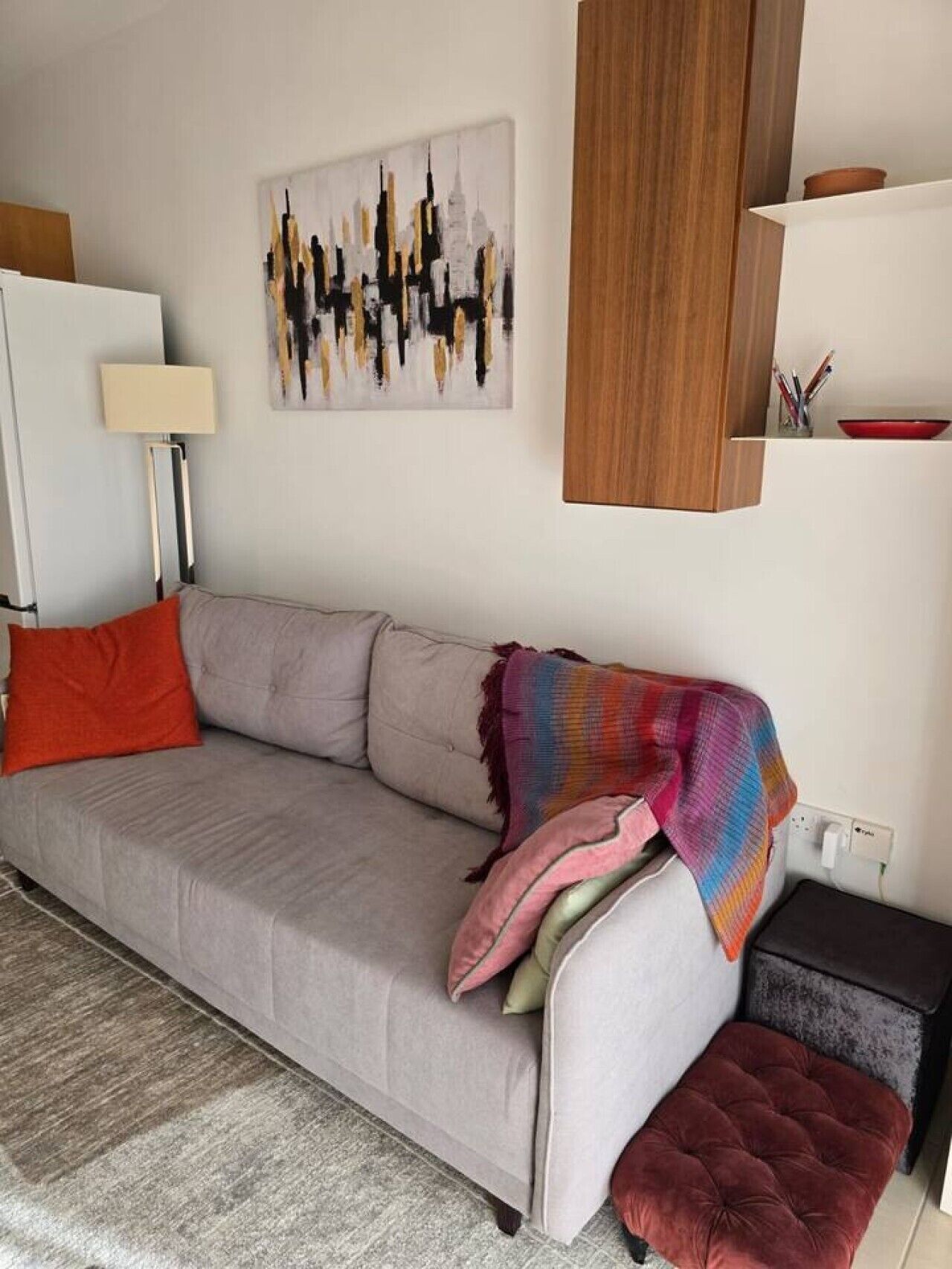 A living room with a sofa, a colorful throw blanket, a red pillow, a lamp, and a painting on the wall.