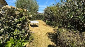 Ein Gartenpfad führt zu einer Bank, umgeben von üppigem Grün und blauem Himmel.