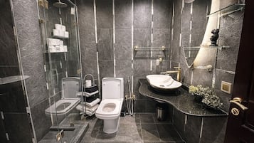 Shower, hair dryer, towels, toilet paper