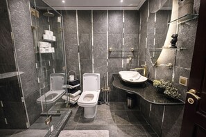 Douche, séchoir à cheveux, serviettes fournies, papier de toilette
