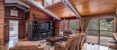 Smart TV, caminetto, lettore DVD, tavolo da ping pong